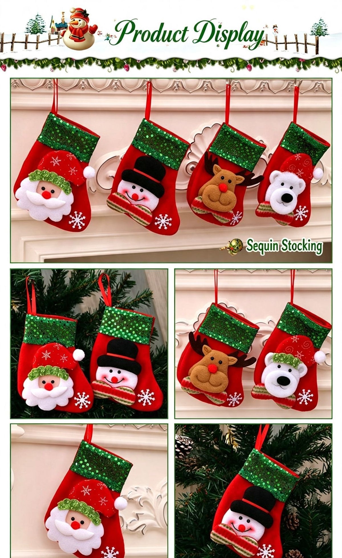 Large Fence Style Reindeer Christmas Stocking, Xmas Ornament & Present Storage Bag, 32*19cm