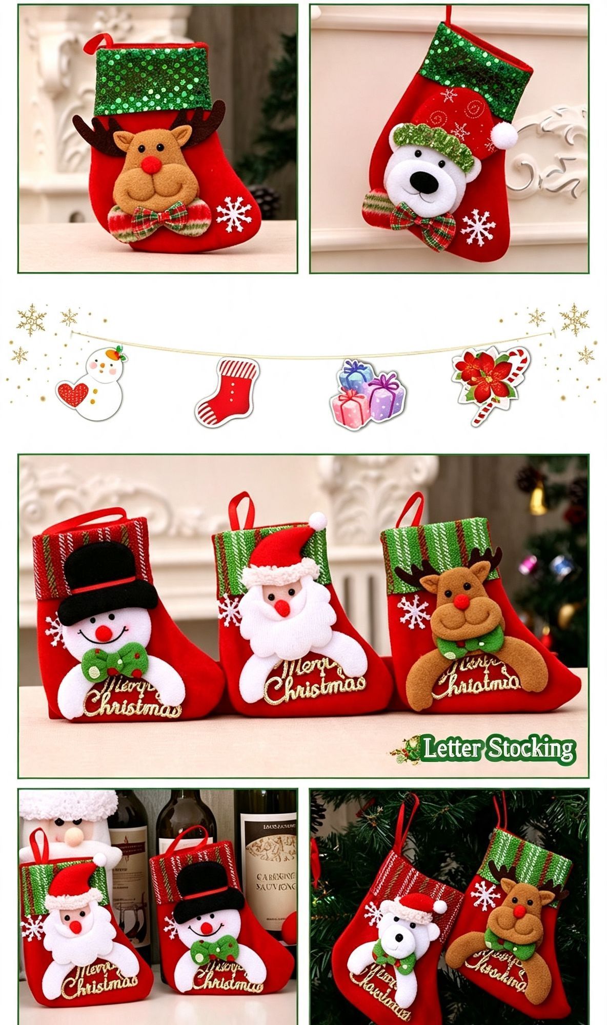 Snowflake Print Small Reindeer Christmas Stocking, Holiday Tree Mini Pendant, 16*13cm