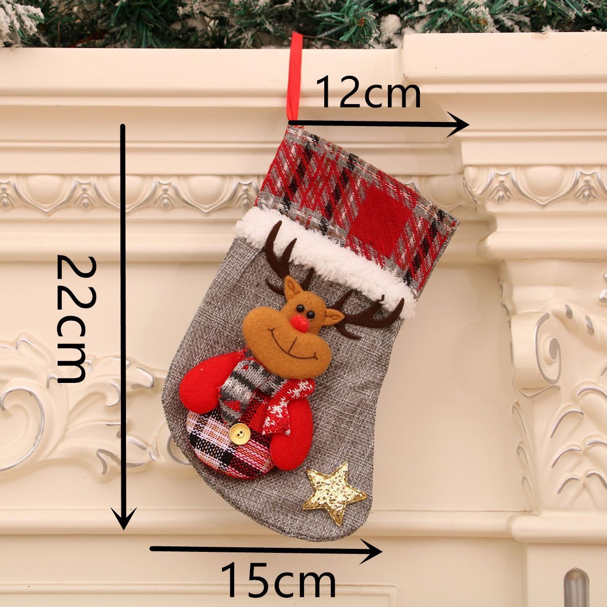 Medium Checkered Reindeer Christmas Stocking, Festive Holiday Hanging Ornament, 22*15cm