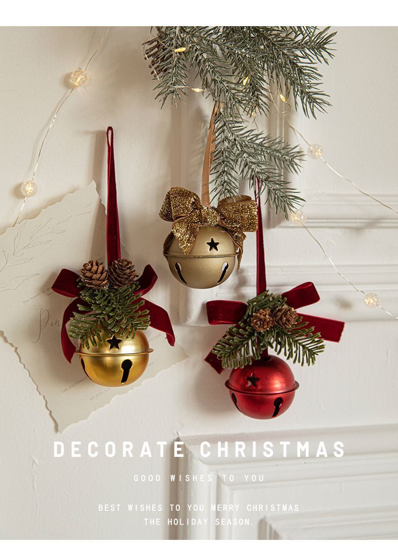 Christmas Iron Bell Pendant With Red Velvet Bow, Home Scene Decor, Xmas Tree And Front Door Hanging Accessory
