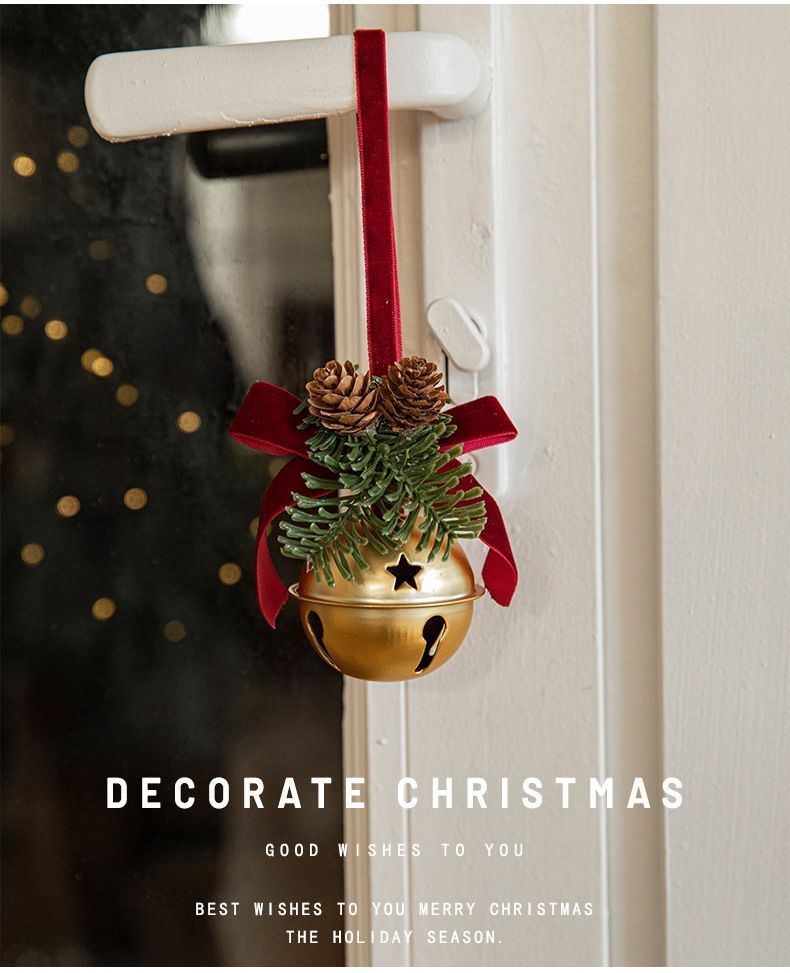 Christmas Iron Bell Pendant With Red Velvet Bow, Home Scene Decor, Xmas Tree And Front Door Hanging Accessory