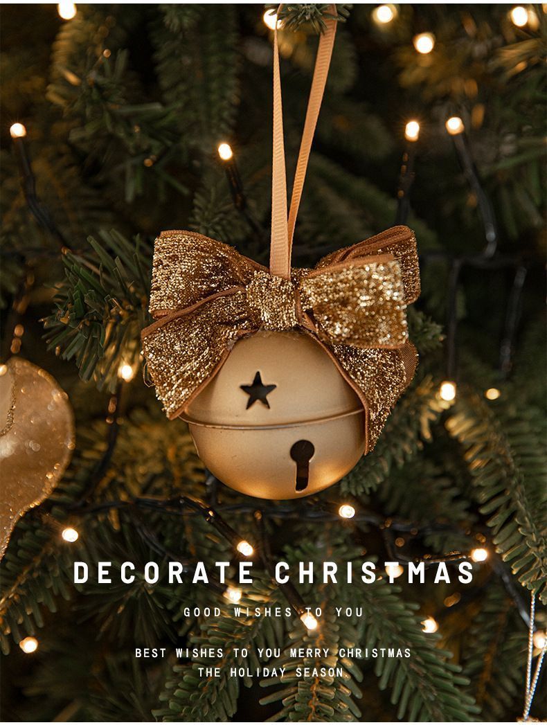 Christmas Iron Bell Pendant With Red Velvet Bow, Home Scene Decor, Xmas Tree And Front Door Hanging Accessory