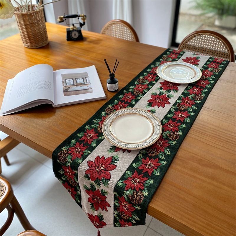 Holiday Themed Long Table Runner, Christmas Tabletop Centerpiece, Elegant Home Cabinet Cloth, 33*200cm, Pattern 09
