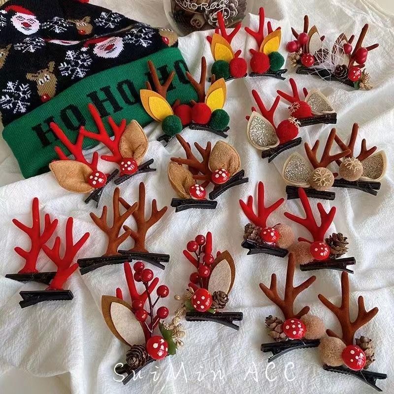 Khaki Pinecone Red Antler Hair Clips, A Pair Costume Headwear For Christmas Halloween Themed Party