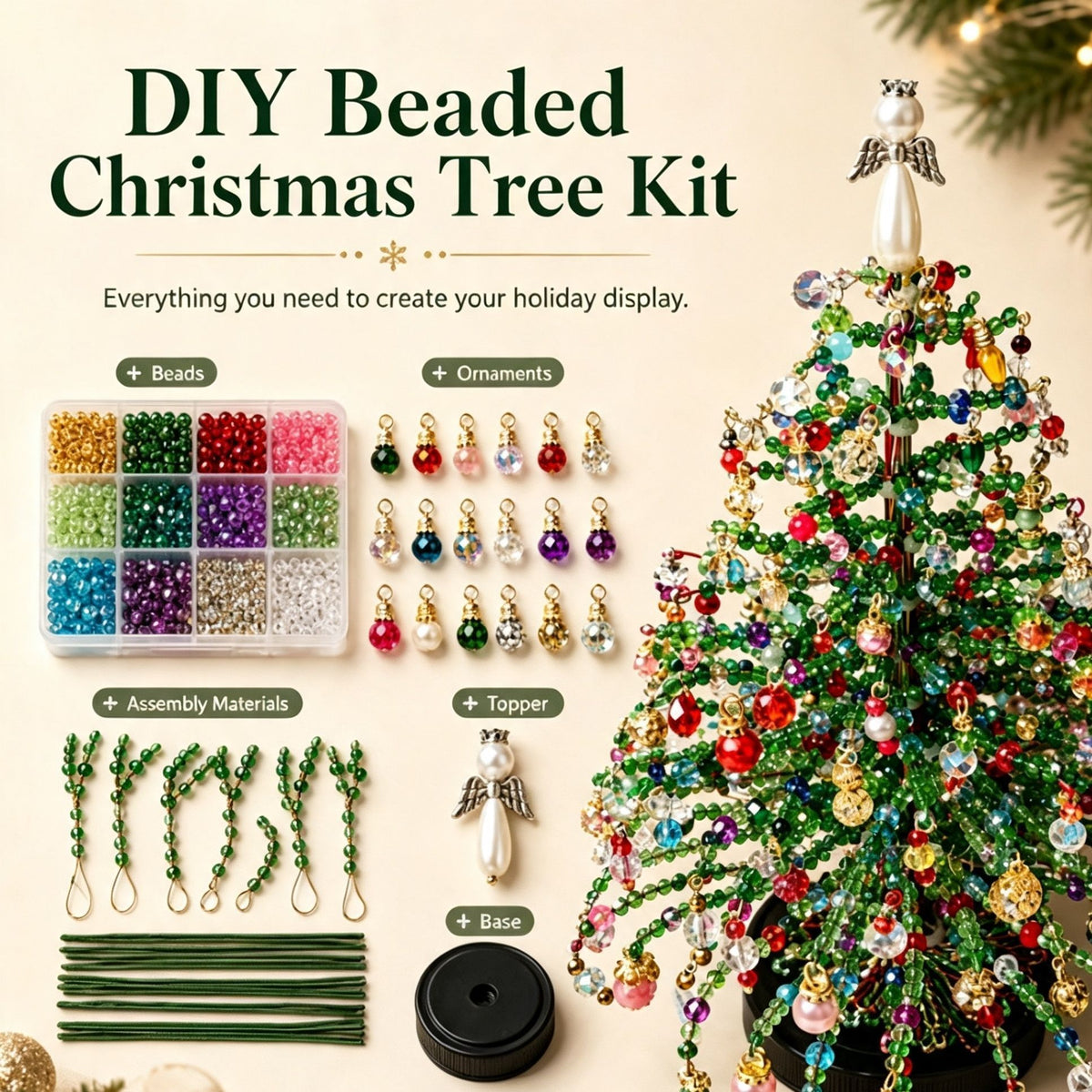 DIY Beaded Christmas Tree Kit with LED Light Strings, Christmas Halloween Tabletop Decor, Therapeutic DIY Handcraft, Create Warm Festive Atmosphere