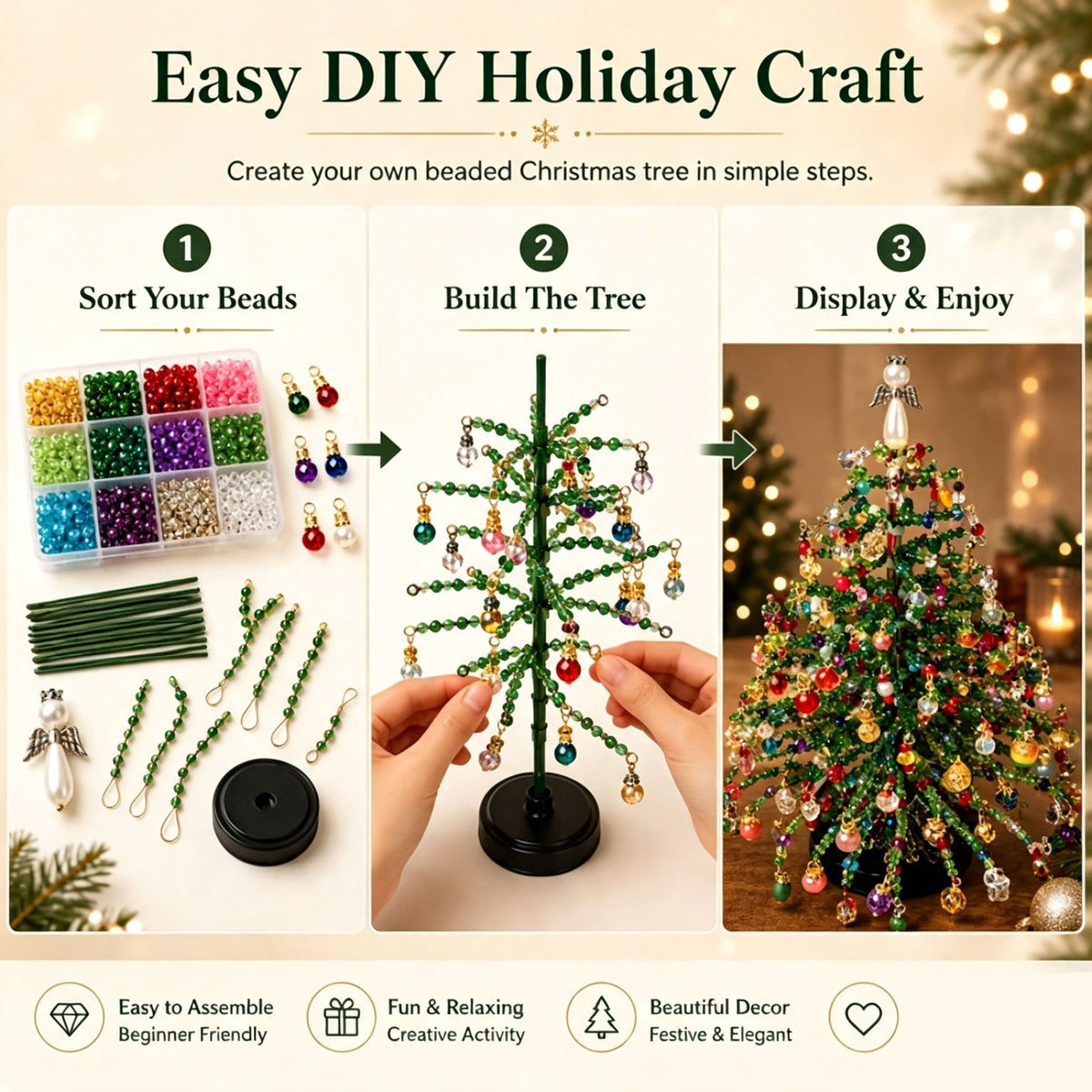 DIY Beaded Christmas Tree Kit, Autumn Glow Style with LED Light Strings, Year-round Home Decor, Leisure Handcraft Activity, Enjoy Gentle Romantic Ambience