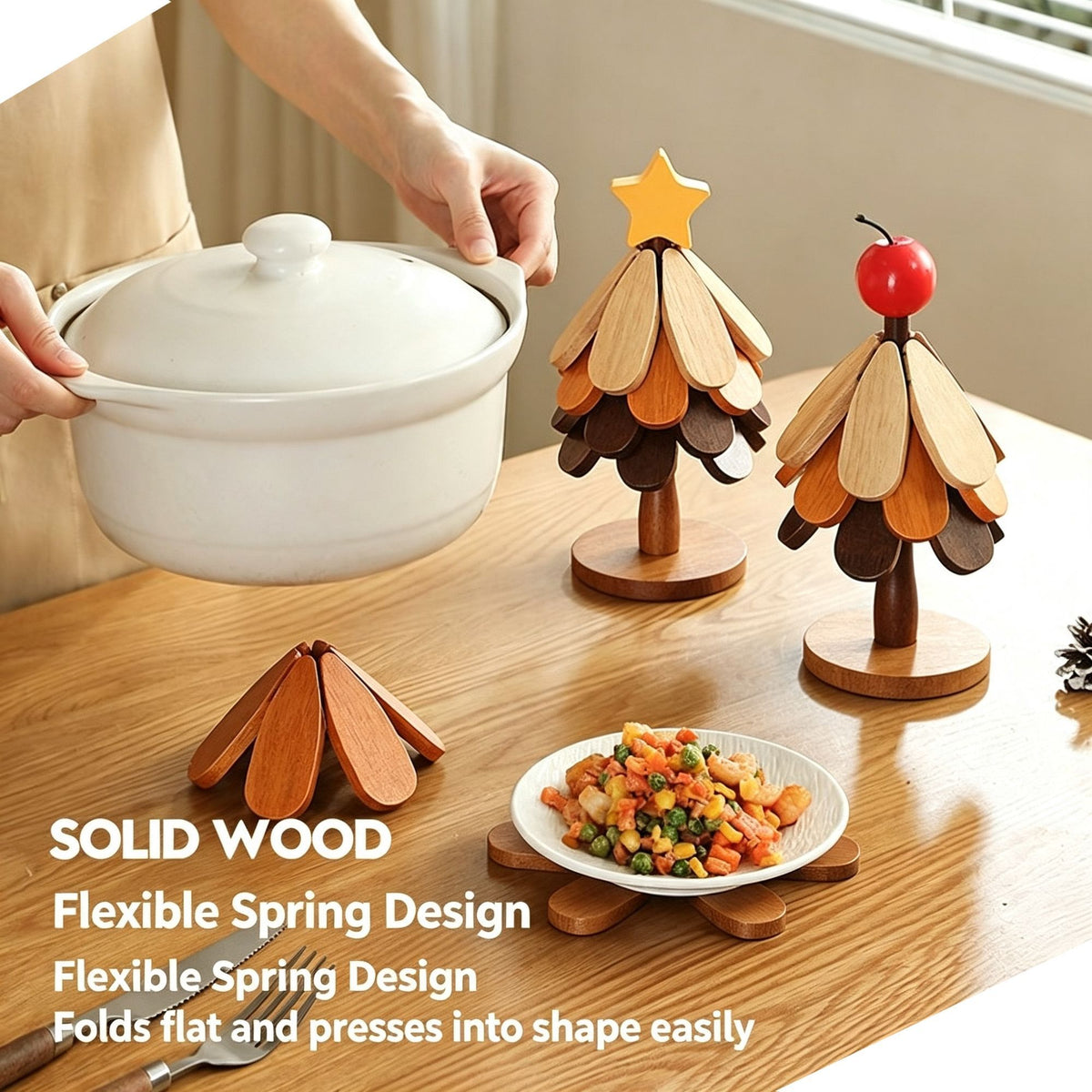 4-Tier Star Style Christmas Tree Heat Resistant Pot Mat, Multi-Layer Wooden Trivet for Christmas & Halloween Party