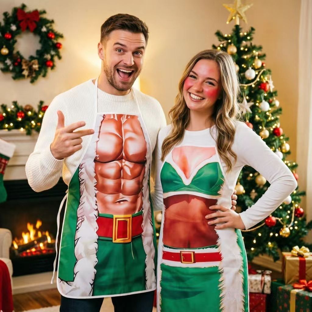 Green Muscle Female Design Party Apron, Home Cooking Apron, Fun Dress‑up Supply for Holiday Entertainment, 75*52cm