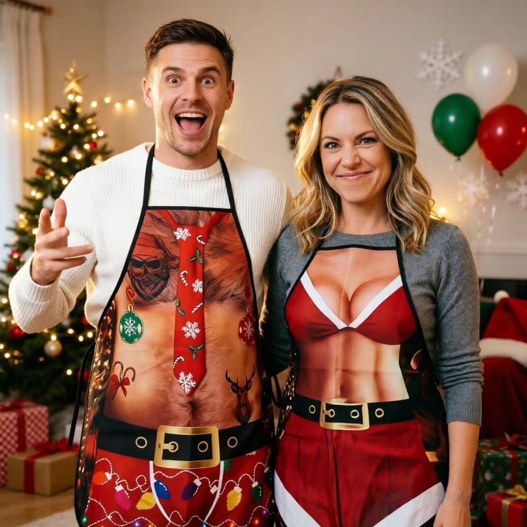 Green Muscle Female Design Party Apron, Home Cooking Apron, Fun Dress‑up Supply for Holiday Entertainment, 75*52cm