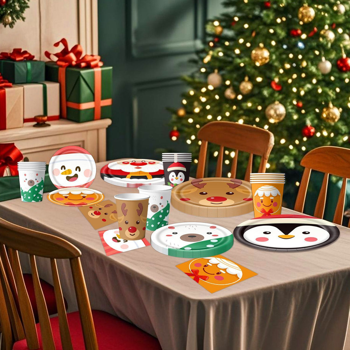 9 Inch Disposable Paper Plates 10 PCS, Elk Cartoon Print Tableware, Disposable Decor Piece for Christmas & Halloween Themed Party