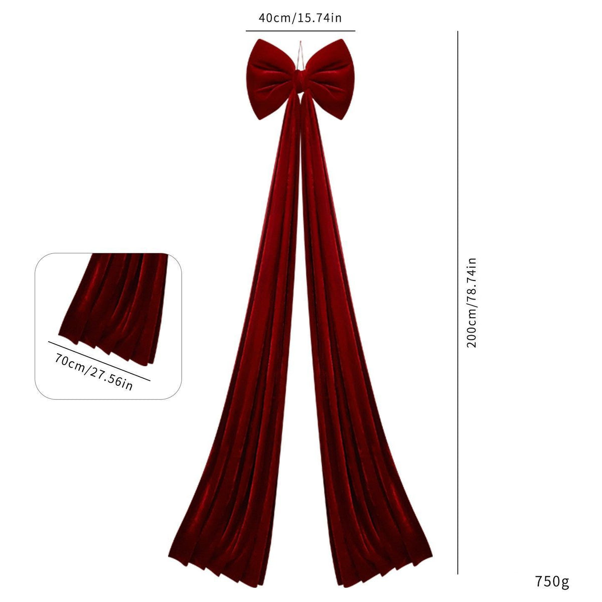 Large Plush Bow Ornament For Christmas Scene Layout, Fluffy Tree‑top Decorative Bow, Burgundy Velvet 40x200cm