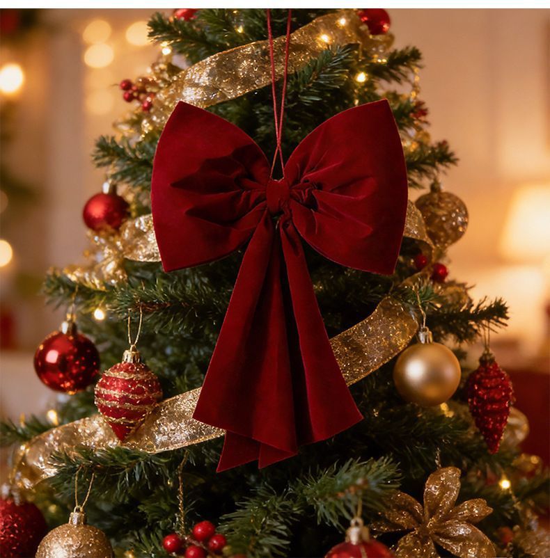 Large Plush Bow Ornament For Christmas Scene Layout, Fluffy Tree‑top Decorative Bow, Burgundy Velvet 40x200cm