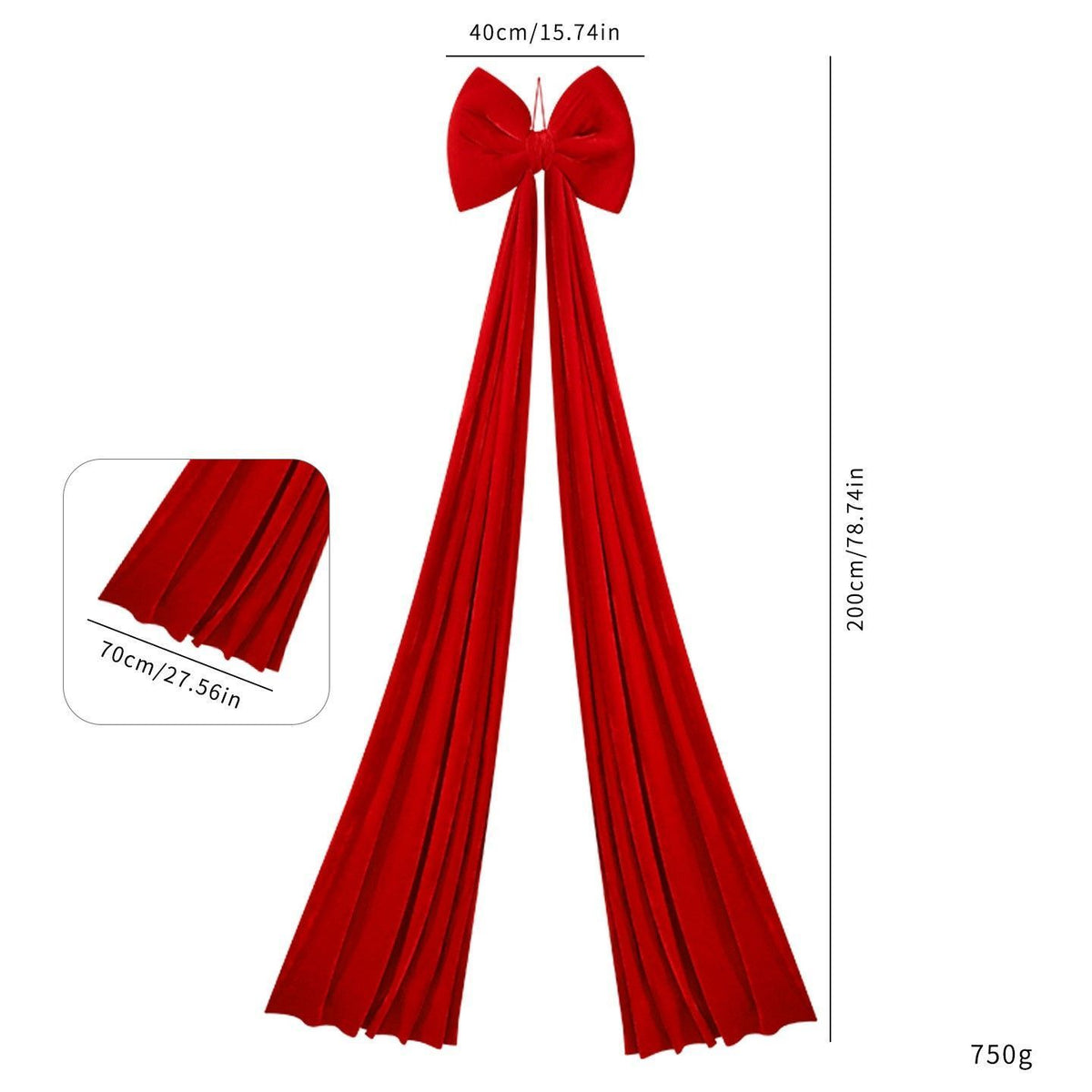 Fluffy Velvet Christmas Bow Hanging Decoration, Oversized Bow For Xmas Tree Topper & Party Arrangement, Red Velvet 40x200cm