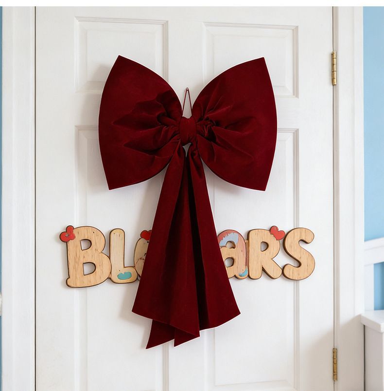 Large Plush Tree‑top Bow For Christmas, Velvet Hanging Ornament For Holiday Party Layout, Burgundy 80x110cm
