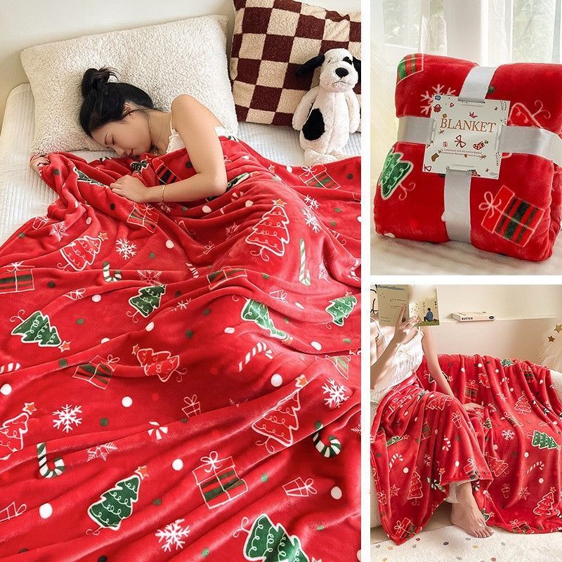 Warm Thick Flannel Throw Blanket, Christmas Tree Pattern, For Christmas & Halloween Indoor Occasion, Household Holiday Gift Blanket, 200x230cm XXL Size