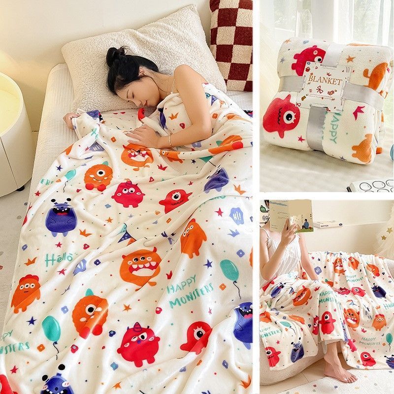 Plush Thick Flannel Throw Blanket, Little Monster Pattern, For Christmas & Halloween Indoor Party, Household Holiday Gift Blanket, 200x230cm XXL Size