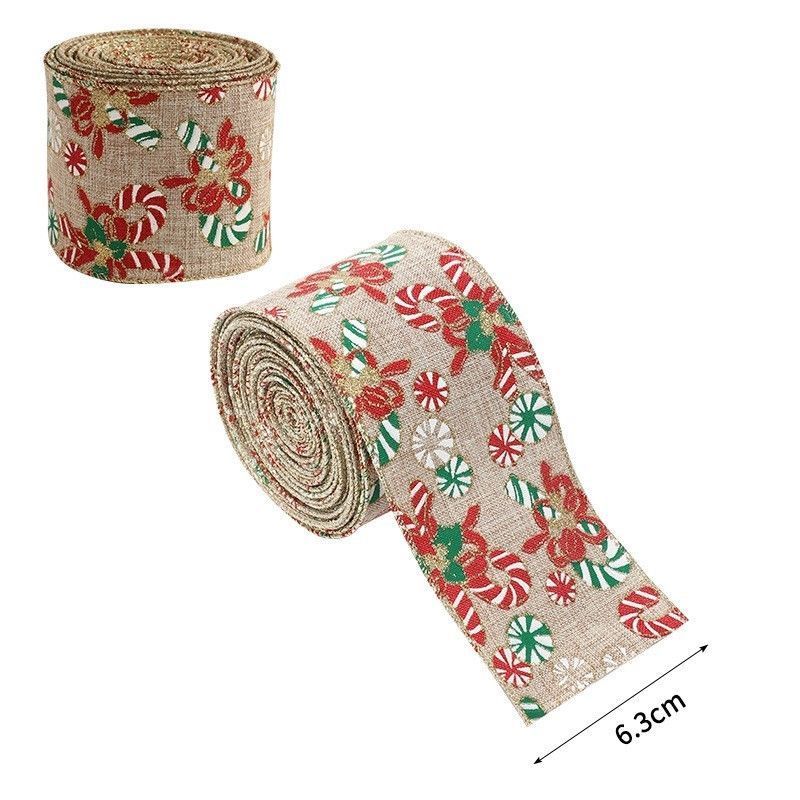 Burlap Christmas Decorative Ribbon 6.3CM Width 2M Length, Candy Pattern Woven Ribbon for Xmas Wreath Garland Party Atmosphere Decoration