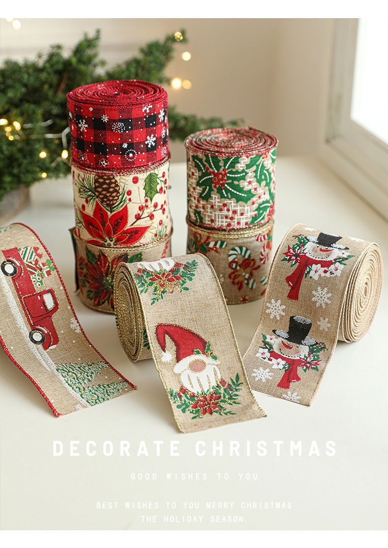 Xmas Burlap Woven Ribbon 6.3CM x 2M, Red Flower Pine Cone Design Satin Ribbon for Christmas Tree & Holiday Party Decor