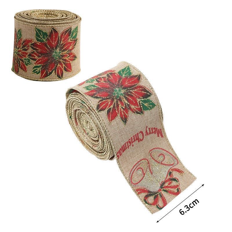 Burlap Xmas Woven Ribbon 6.3CM Width 2M, Red Flower Bell Motif Satin Ribbon for Holiday Garland Wreath Decoration