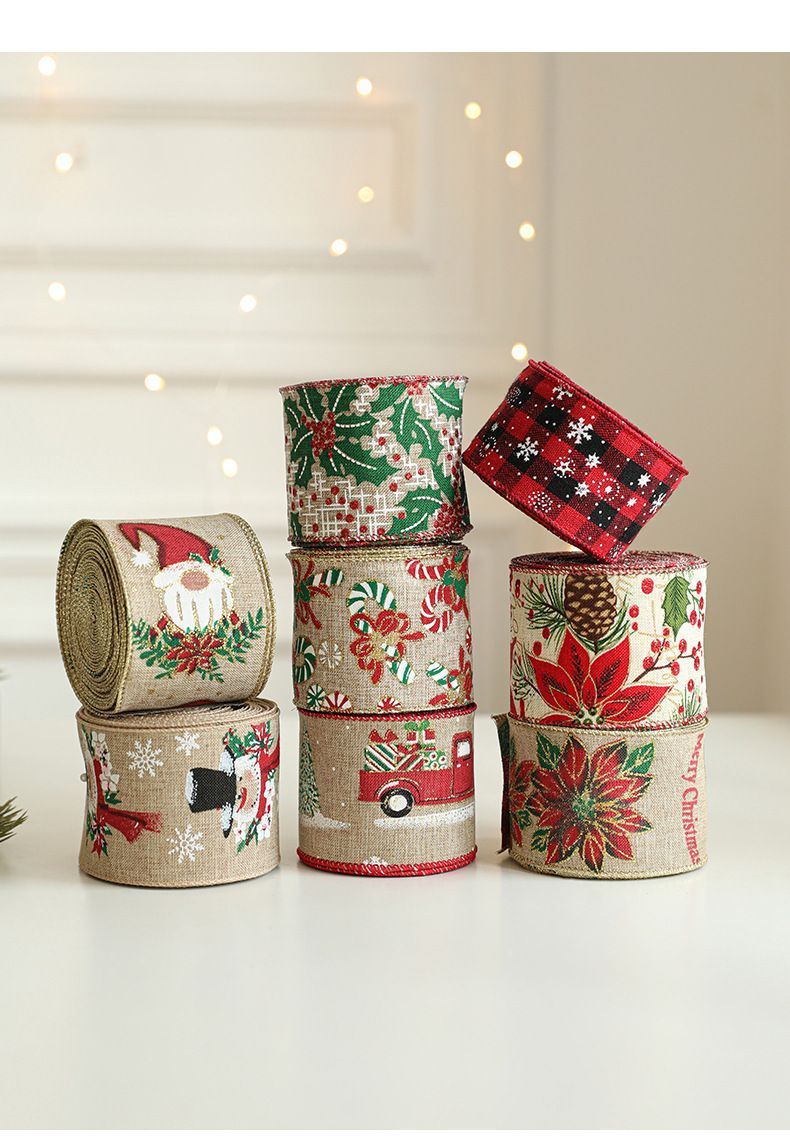 Burlap Xmas Woven Ribbon 6.3CM Width 2M, Red Flower Bell Motif Satin Ribbon for Holiday Garland Wreath Decoration