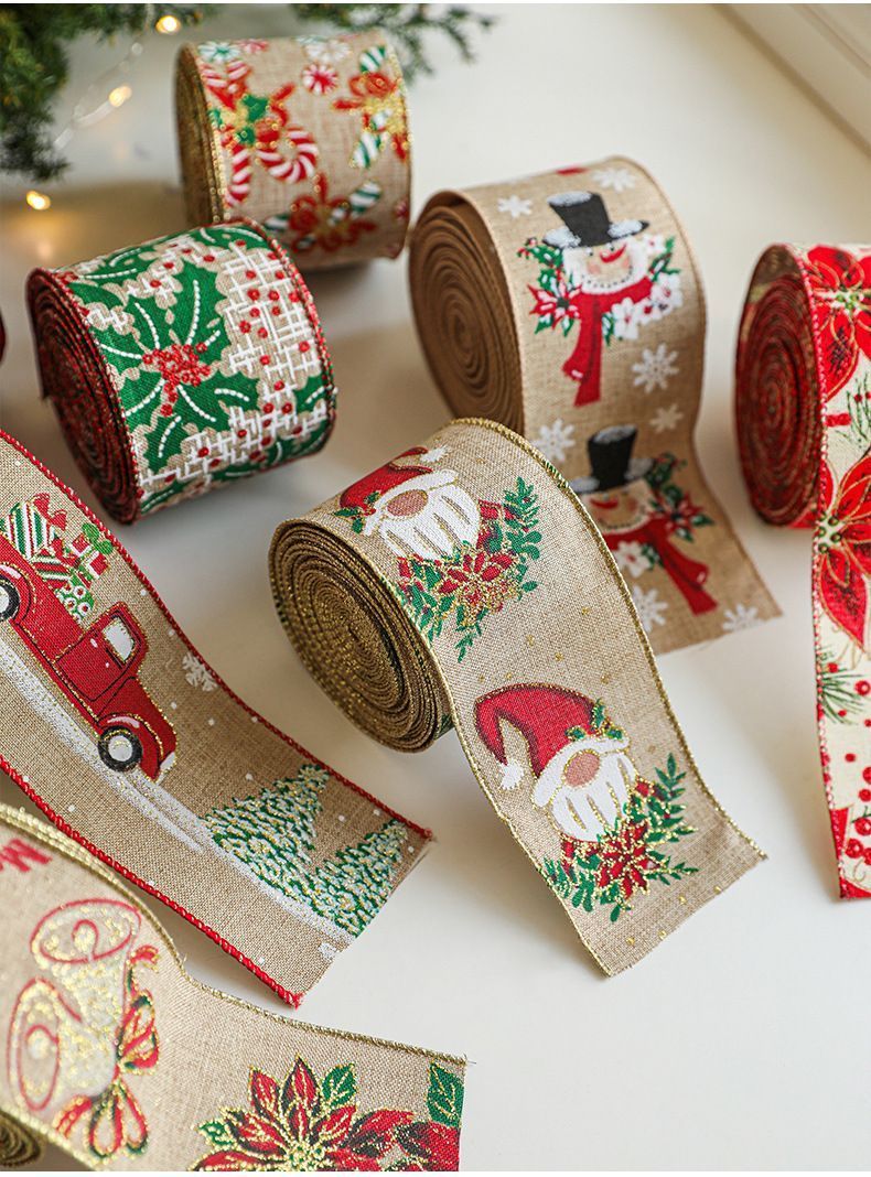 Burlap Xmas Woven Ribbon 6.3CM Width 2M, Red Flower Bell Motif Satin Ribbon for Holiday Garland Wreath Decoration