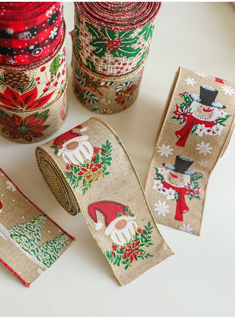 Burlap Xmas Woven Ribbon 6.3CM Width 2M, Red Flower Bell Motif Satin Ribbon for Holiday Garland Wreath Decoration