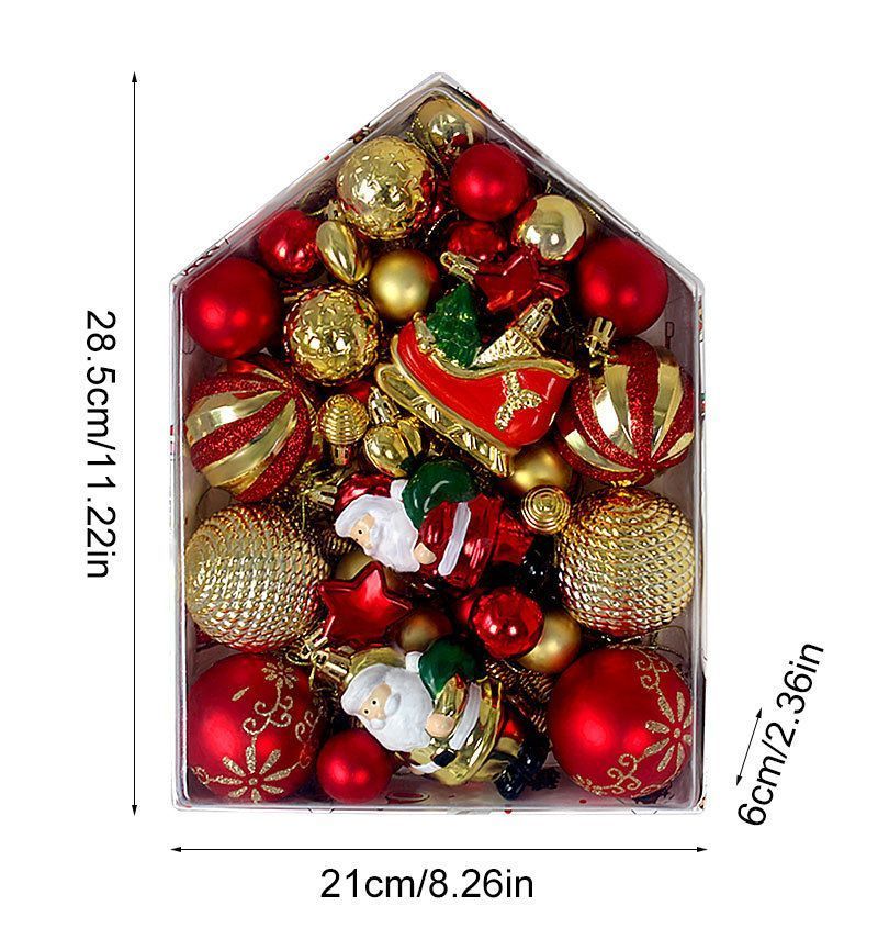 72 Count Mixed Xmas Hanging Decor Kit in House Outline Box, Irregular Painted Electroplated Balls with Doll and Sleigh Accessories, Red Green Tone Suitable for Christmas Indoor Decoration and Halloween Atmosphere Setup
