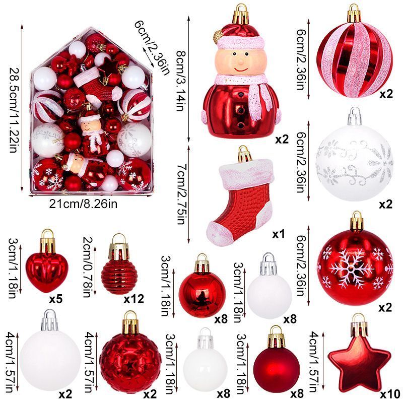72Pcs Multi-style Christmas Tree Ornament Collection with House Shape Packaging Box, Glossy Baubles and Figure Decorations in White Red Collocation, Applied for Xmas Party Layout and Halloween Venue Styling
