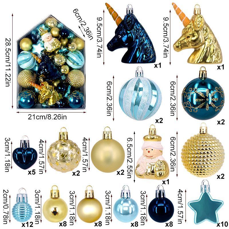 72 Pieces All-in-one Christmas Ornament Set in House Structure Packaging Box, Mixed Round and Shaped Balls plus Small Figurines in Blue Gold Colorway, Decorate Christmas Tree and Halloween Celebration Background