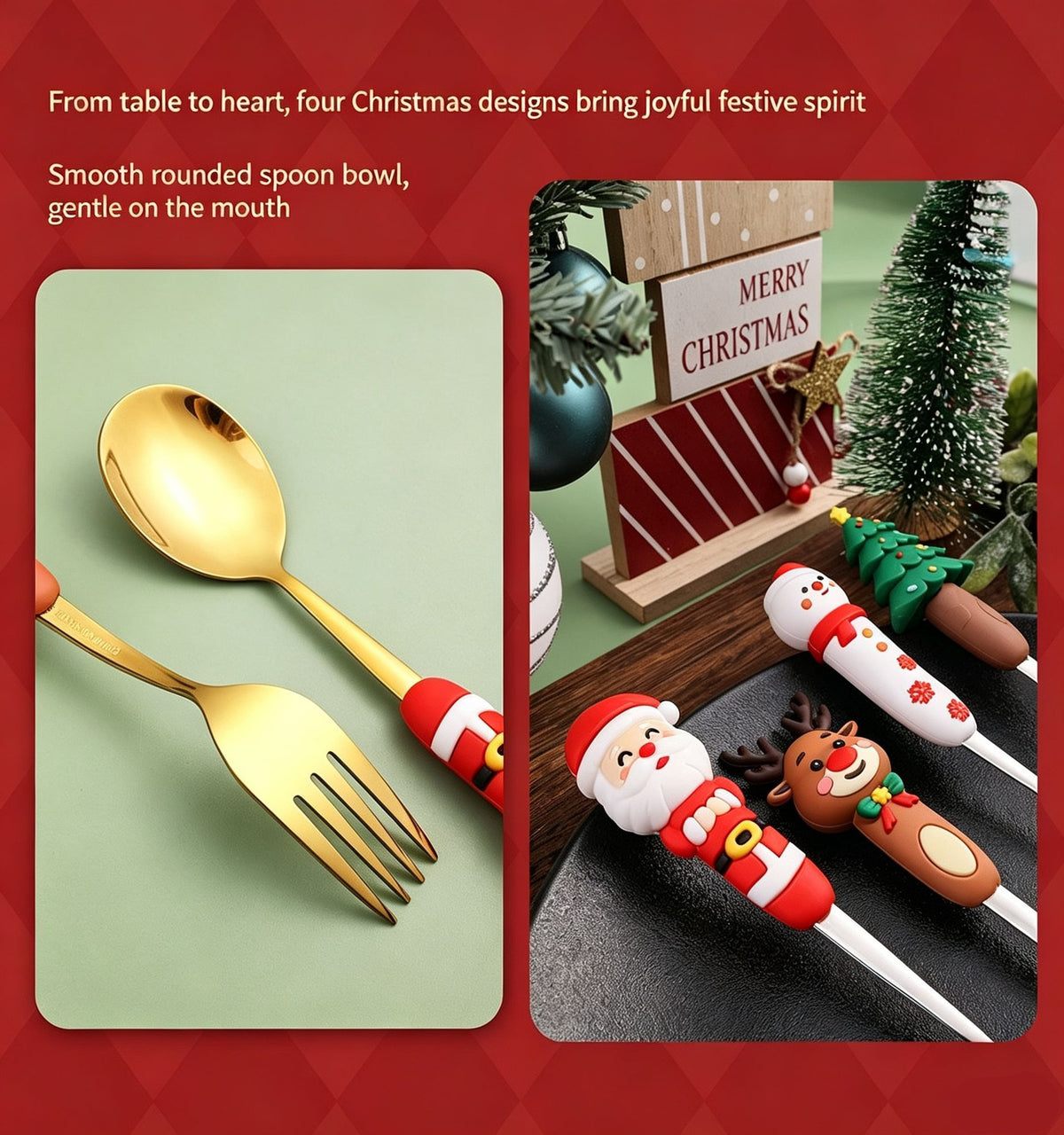 Lovely Santa Reindeer Handle Stainless Steel Utensil Set, 2Pcs Large Golden Spoon Fork Style C, Ideal for Holiday Party Arrangement and Gift Exchange