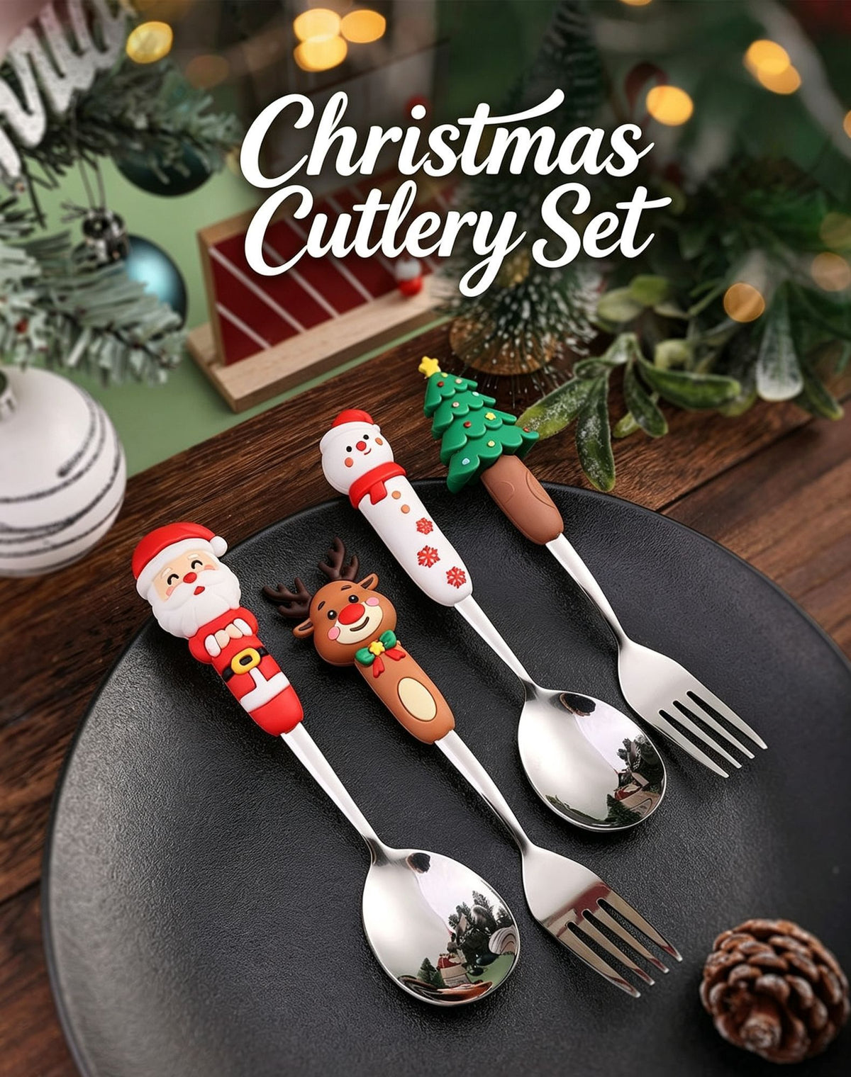 Holiday Character Stainless Steel Spoon Fork Kit, 2Pcs Large Golden Cutlery Style E, Great for Home Xmas Feast Decoration and Friends Festival Presents