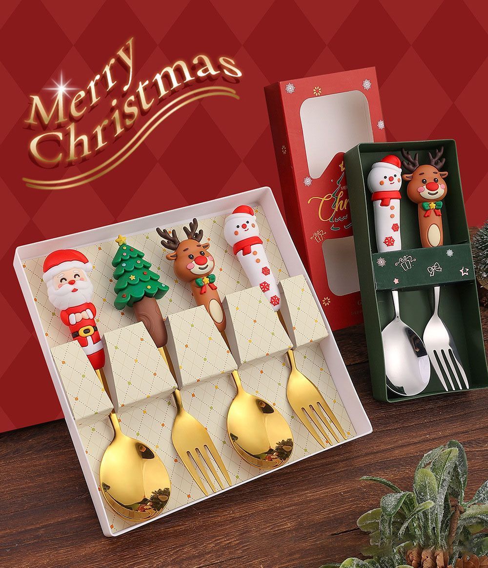 Holiday Character Stainless Steel Spoon Fork Kit, 2Pcs Large Golden Cutlery Style E, Great for Home Xmas Feast Decoration and Friends Festival Presents