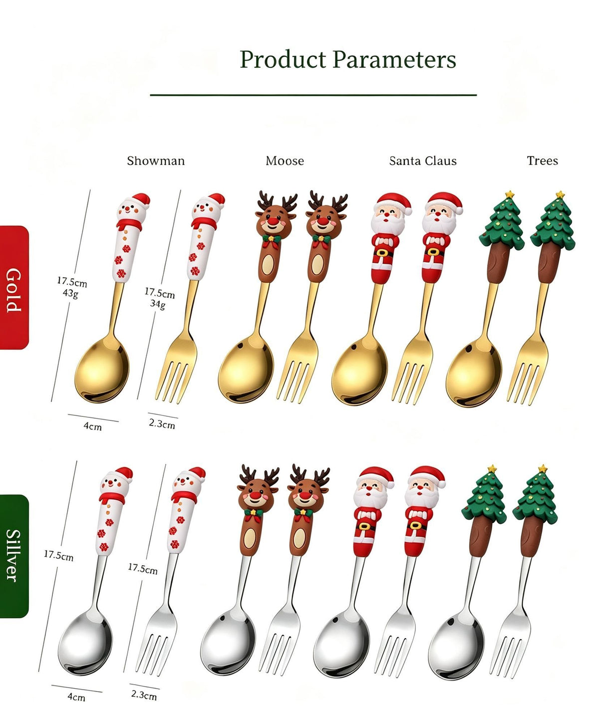 Holiday Character Stainless Steel Spoon Fork Kit, 2Pcs Large Golden Cutlery Style E, Great for Home Xmas Feast Decoration and Friends Festival Presents