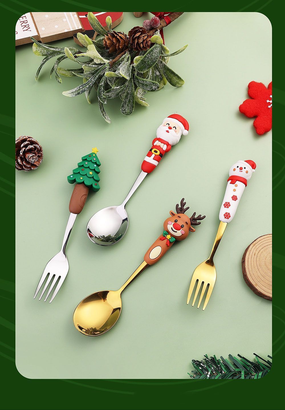 Adorable Christmas Doll Stainless Steel Cutlery Box, 2 Large Golden Spoon Fork Style G, Matches Christmas Banquet Setting and Holiday Gift Wrapping