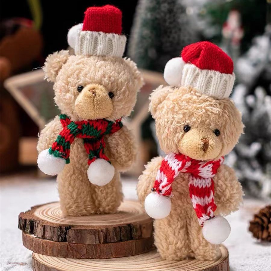 Holiday Brown Fluffy Bear Ornament Style B with Green Scarf, Exquisite Handheld Decor for Christmas Party Atmosphere and Gift Box Matching