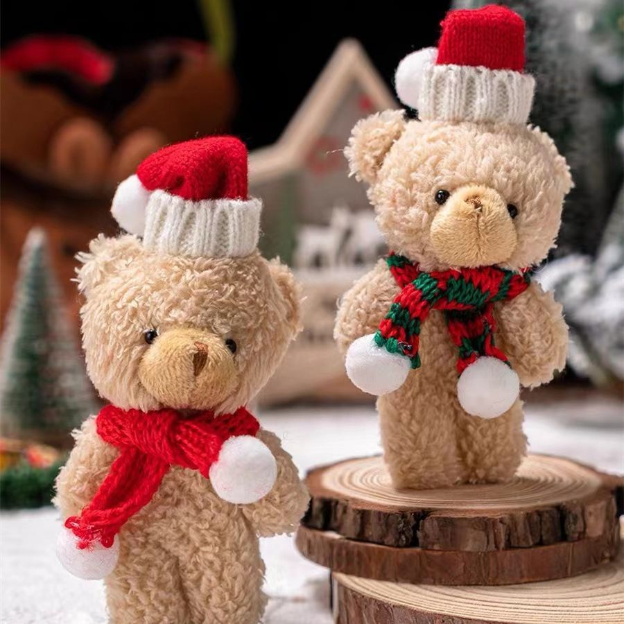 Holiday Brown Fluffy Bear Ornament Style B with Green Scarf, Exquisite Handheld Decor for Christmas Party Atmosphere and Gift Box Matching