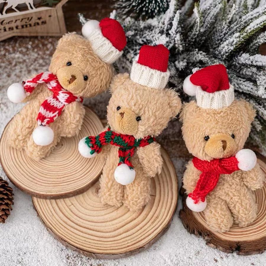 Holiday Brown Fluffy Bear Ornament Style B with Green Scarf, Exquisite Handheld Decor for Christmas Party Atmosphere and Gift Box Matching
