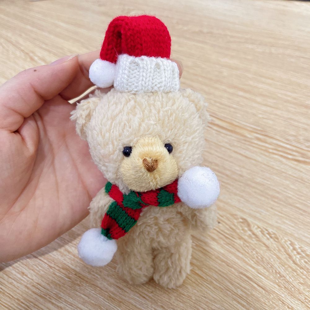 Fluffy Brown Christmas Bear Ornament Style A with Red & White Scarf, Desktop Mini Statue for Indoor Festival Decoration and Seasonal Presents