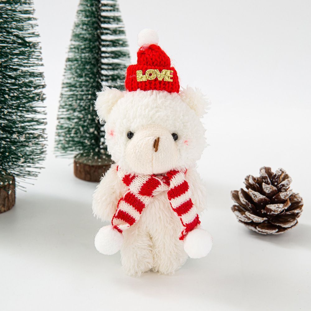 White Christmas Curly Bear with LOVE Red Dome Hat and Red & White Scarf, Unique Tabletop Figurine for Home Xmas Styling and Premium Holiday Gifts