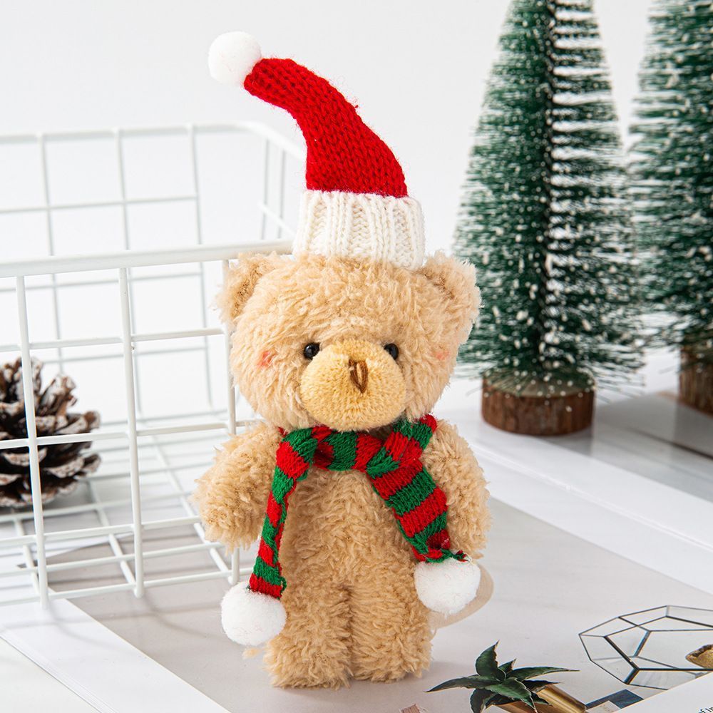Brown Fluffy Christmas Bear with Pointed Hat and Red & Green Scarf, Cute Desktop Ornament for Xmas Scene Decoration and Tiny Festival Gifts