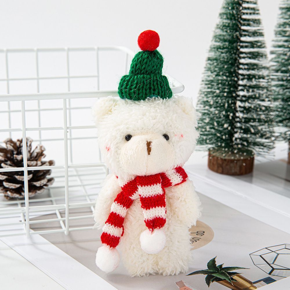 White Fluffy Christmas Bear with Green Dome Hat and Red & White Scarf, Adorable Desktop Statue for Home Xmas Layout and Gift Box Placement