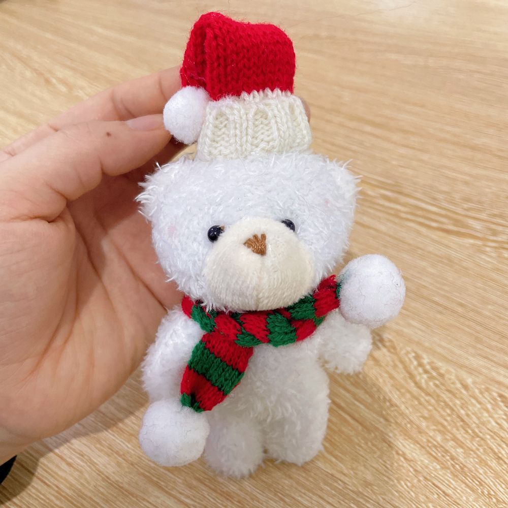 White Fluffy Christmas Bear with Green Dome Hat and Red & White Scarf, Adorable Desktop Statue for Home Xmas Layout and Gift Box Placement