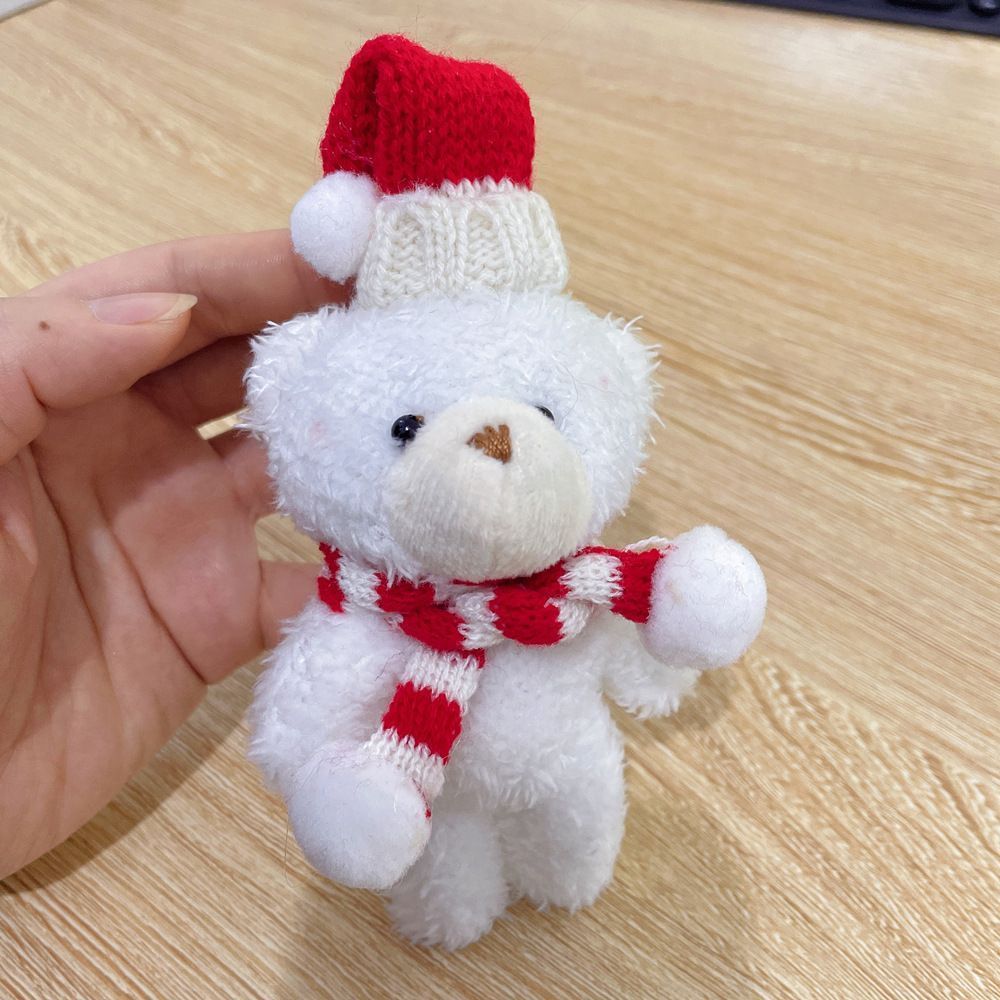 Brown Christmas Curly Bear with LOVE Red Dome Hat and Red Scarf, Distinctive Tabletop Figurine for Indoor Xmas Decoration and Custom Holiday Presents