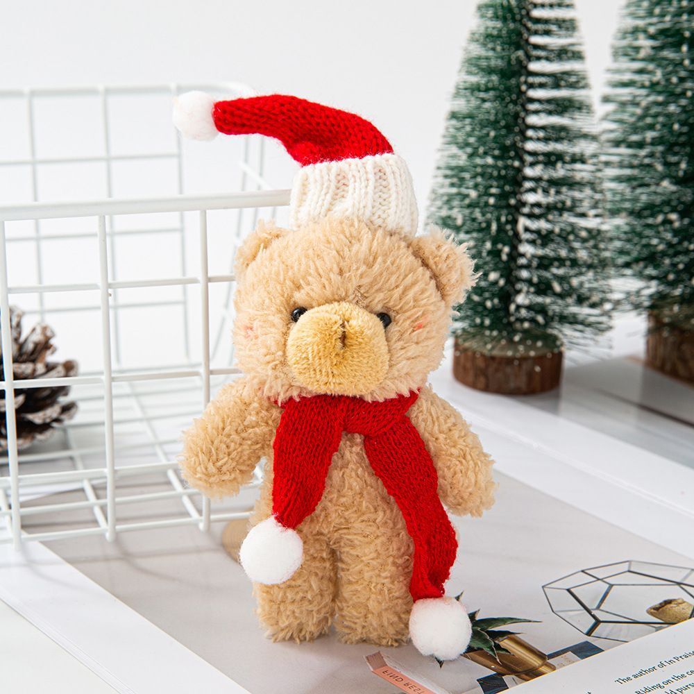 Brown Fluffy Christmas Bear with Pointed Hat and Red Scarf, Cute Tabletop Decor for Xmas Scene Arrangement and Holiday Swap Gifts