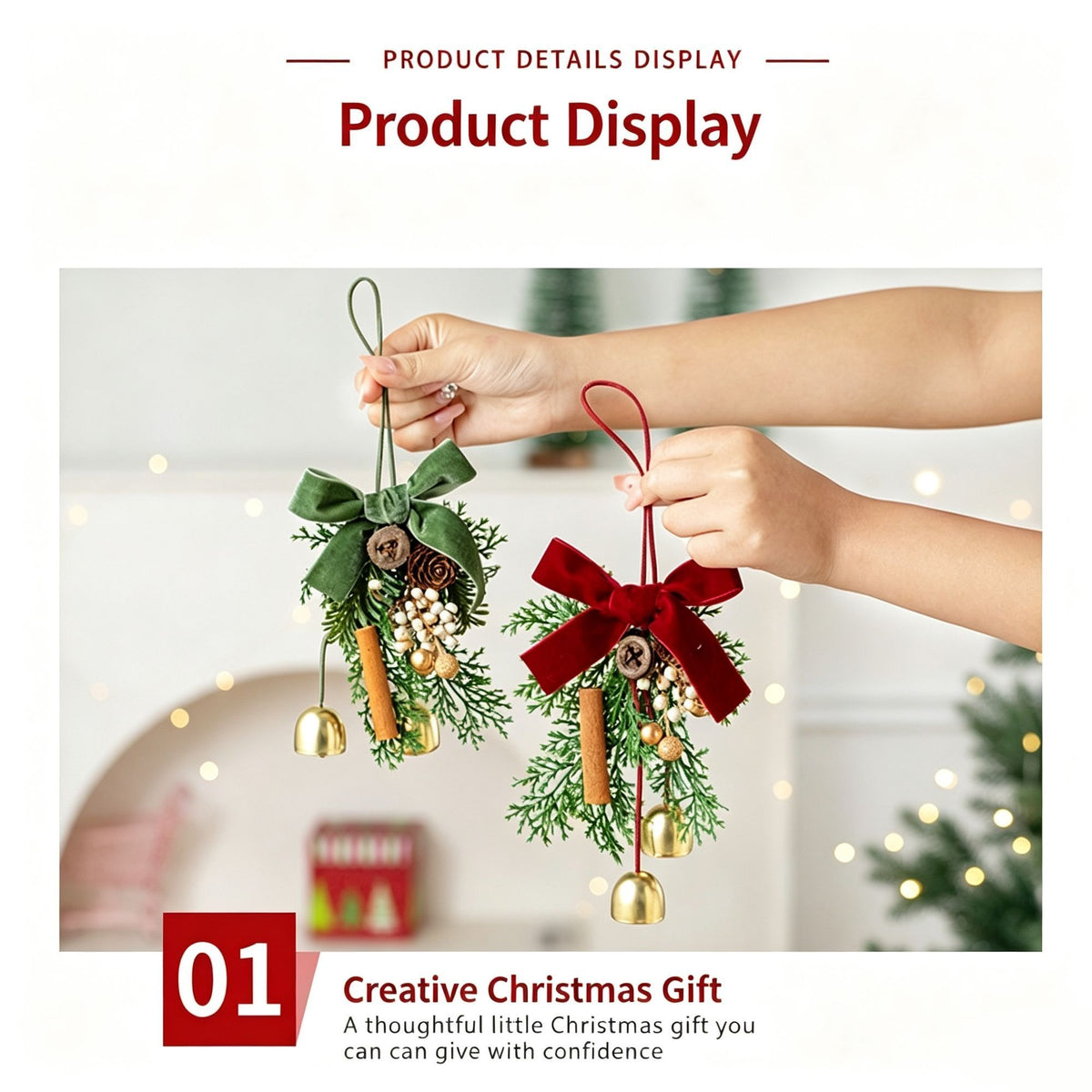 Christmas Pine Cone Double Green Bell Tree Pendant, Xmas Atmosphere Wall Hanging Decor for Christmas & New Year Gift Giving, Model D3
