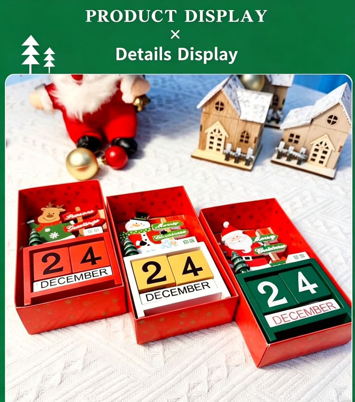 Wooden Christmas Countdown Desk Decoration with Santa Claus Figure, Festive Tabletop Accessory for Indoor Xmas Styling and Christmas Season Presents