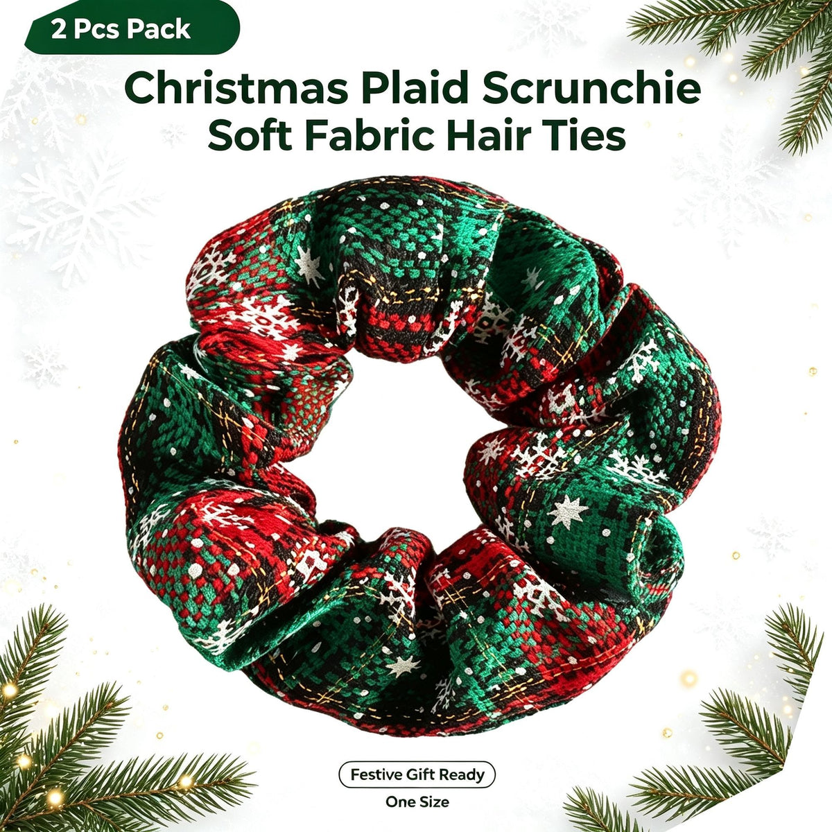 Holiday Themed Soft Fabric Hair Scrunchies, 2Pcs Bundle Ladies Ponytail Holder for Christmas Vibe Layout & Seasonal Souvenir Gift, Style 3