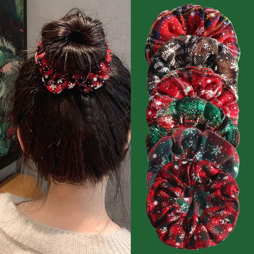 Cute Christmas Pattern Cloth Scrunchies Hair Rings, 2Pcs Set Casual Hair Decor for Holiday Matching & Christmas Handmade Gift, Style 5