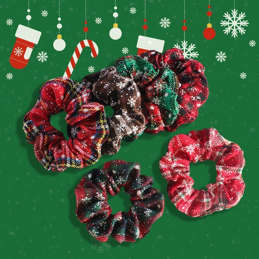 Cute Christmas Pattern Cloth Scrunchies Hair Rings, 2Pcs Set Casual Hair Decor for Holiday Matching & Christmas Handmade Gift, Style 5