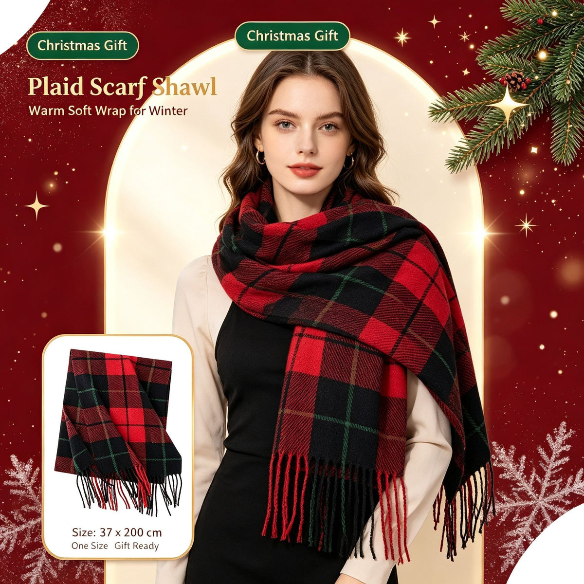 Burgundy Plaid Neck Wrap, Premium Cashmere Feel Warm Shawl 37x200cm Dark Red Grid for Daily Outfit Styling & Christmas Exchange Gift